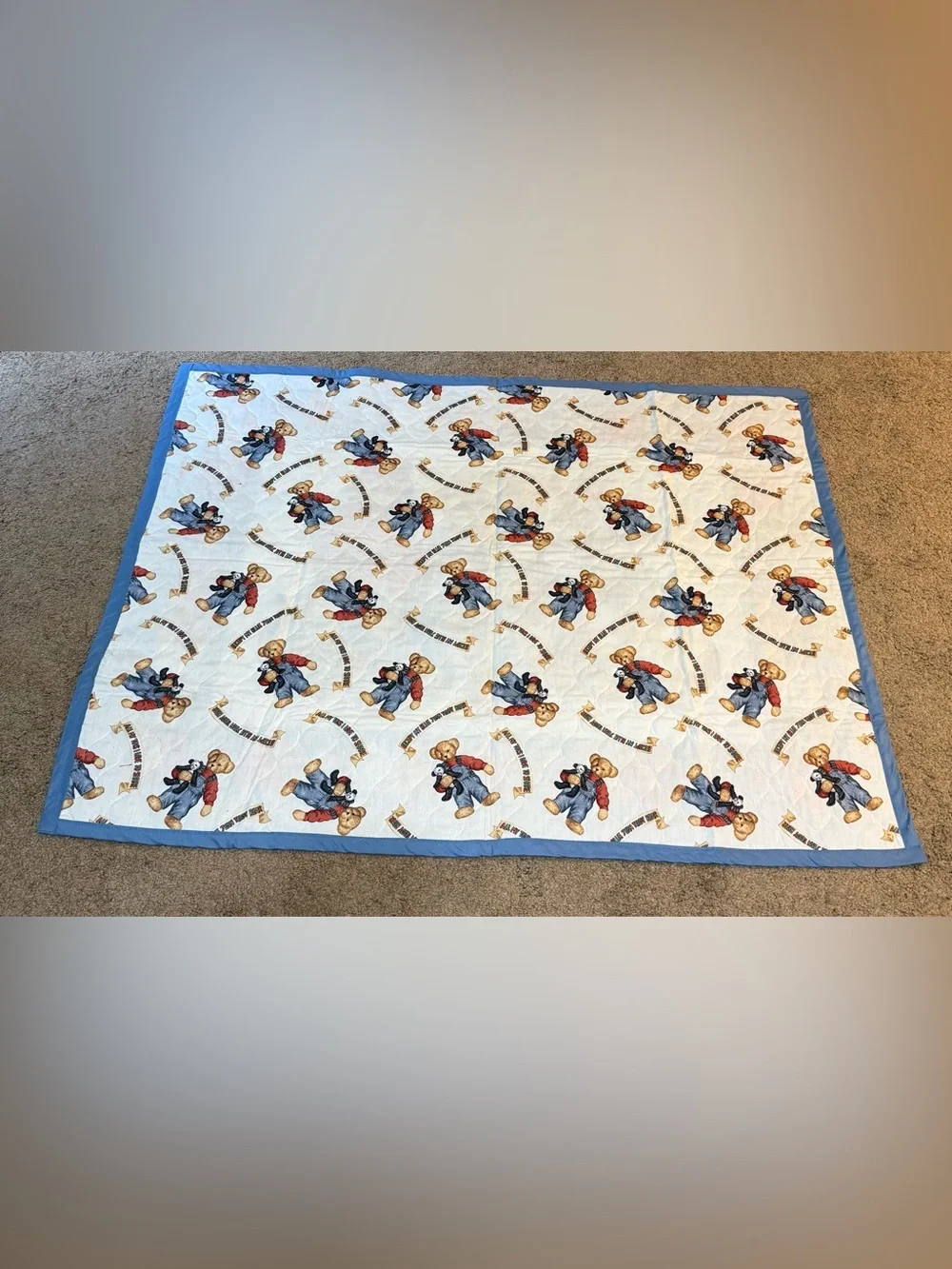 Vintage 90s Handcrafted Daisy Kingdom Blue Jean TeddyBear Baby Quilt WallHanging